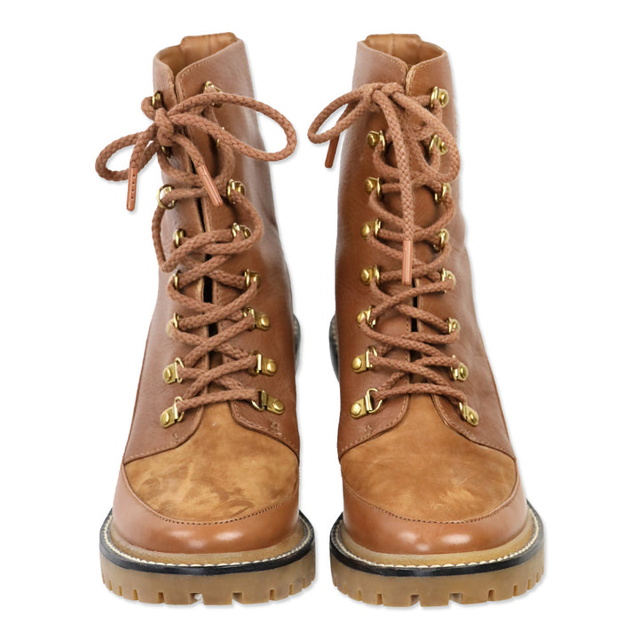 Tory Burch Brown Leather Block Heeled Hiker Boots