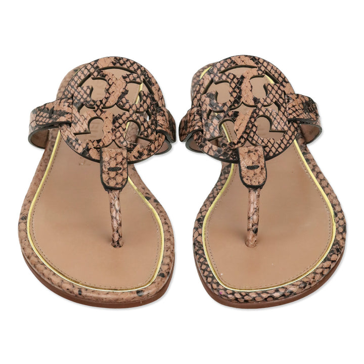 Tory Burch Brown Snakeskin Leather Miller Thong Sandals