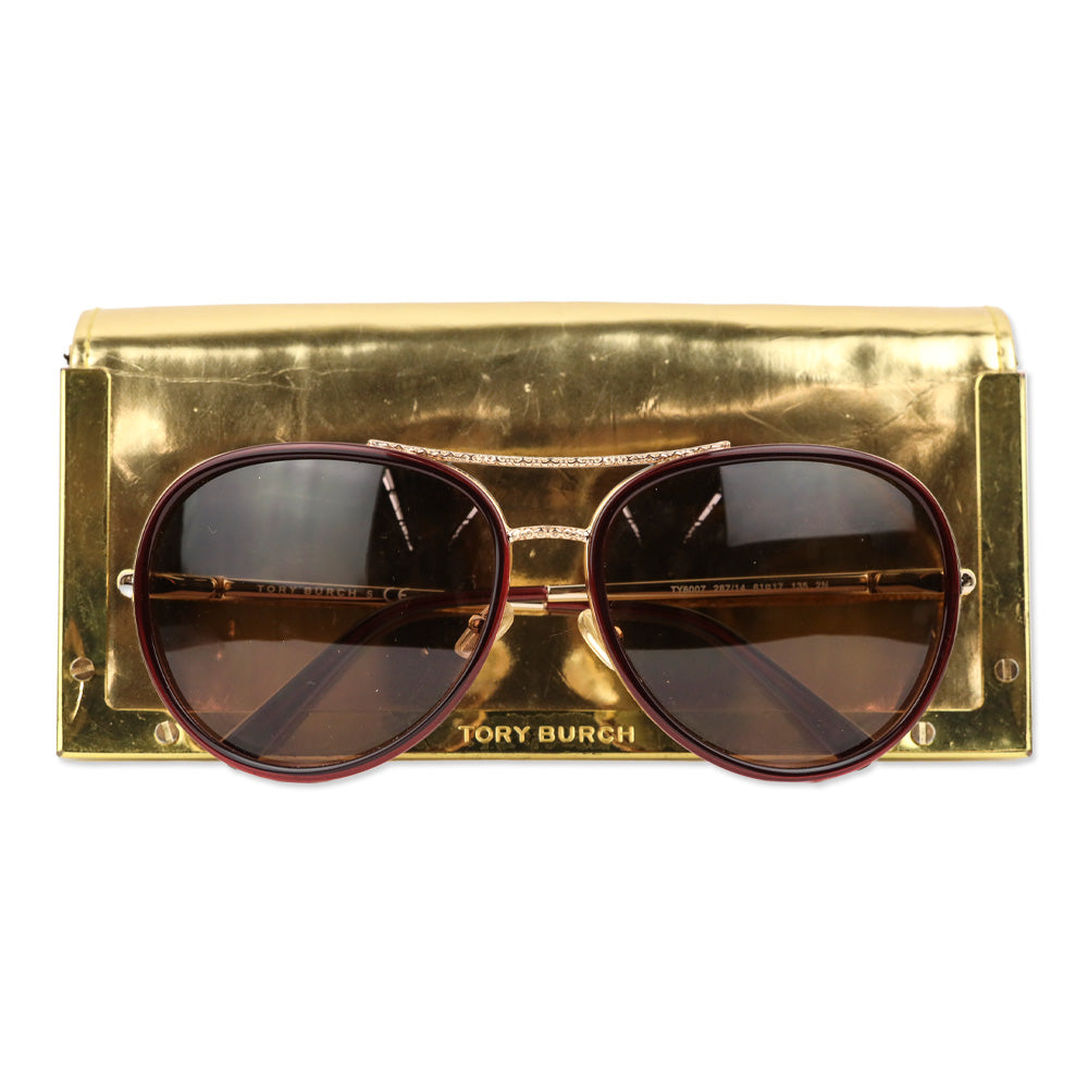 Tory Burch Burgundy Retro Brown Gradient Aviator Sunglasses