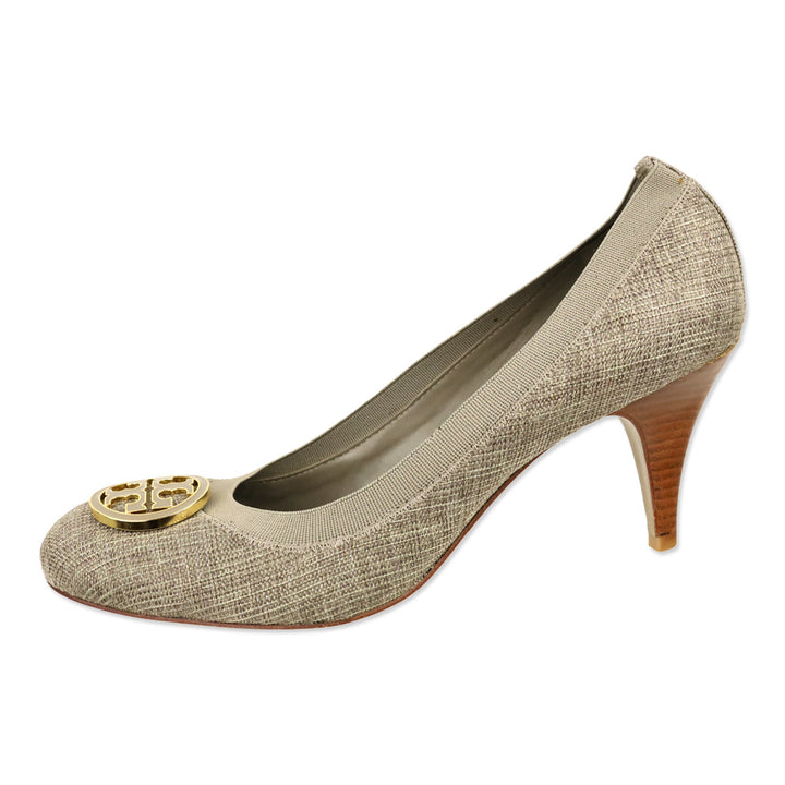 Tory Burch Caroline Taupe/Gold Tweed Elastic Trim Pumps