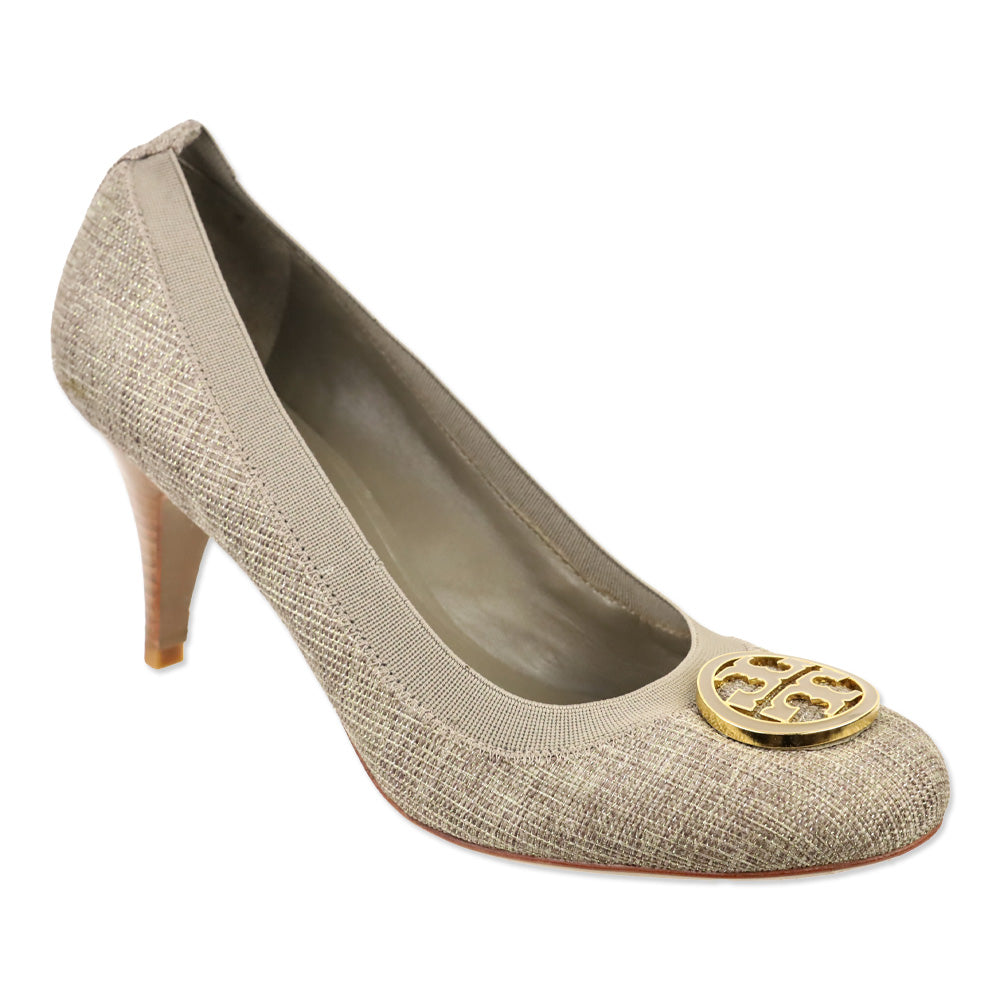 Tory Burch Caroline Taupe/Gold Tweed Elastic Trim Pumps