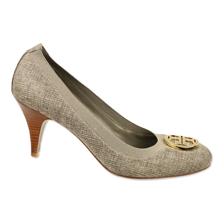 Tory Burch Caroline Taupe/Gold Tweed Elastic Trim Pumps