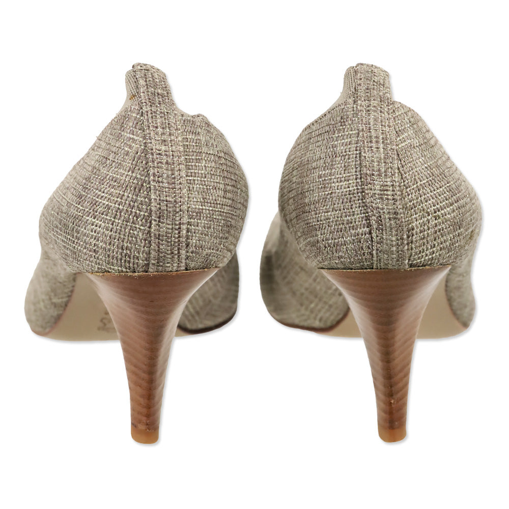 Tory Burch Caroline Taupe/Gold Tweed Elastic Trim Pumps