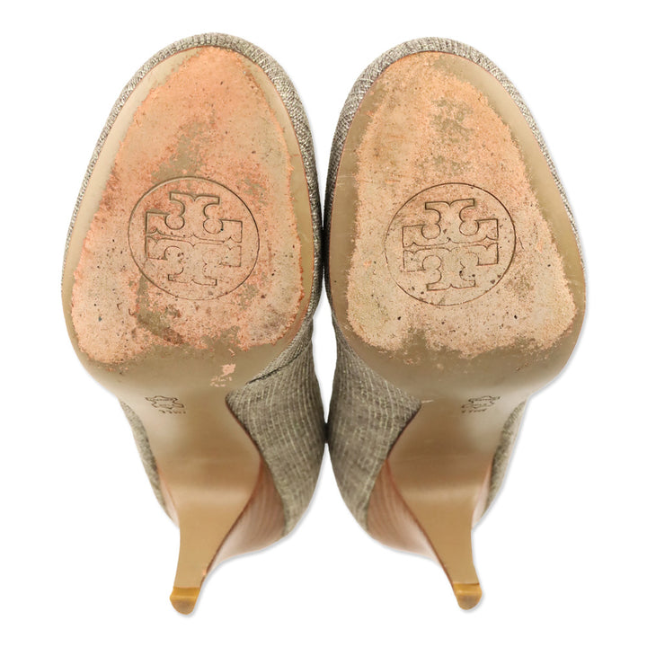 Tory Burch Caroline Taupe/Gold Tweed Elastic Trim Pumps