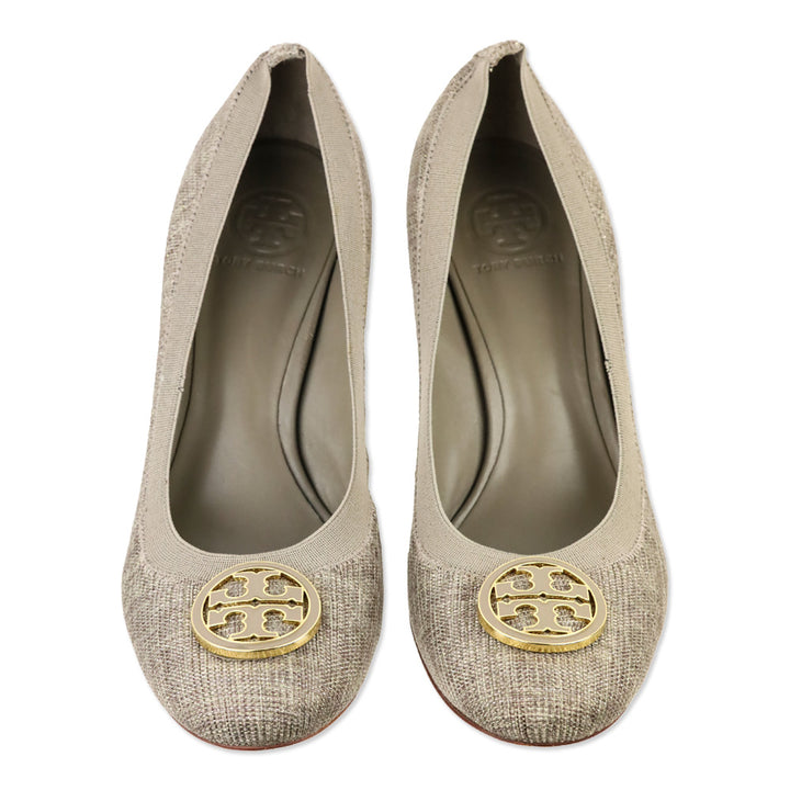 Tory Burch Caroline Taupe/Gold Tweed Elastic Trim Pumps