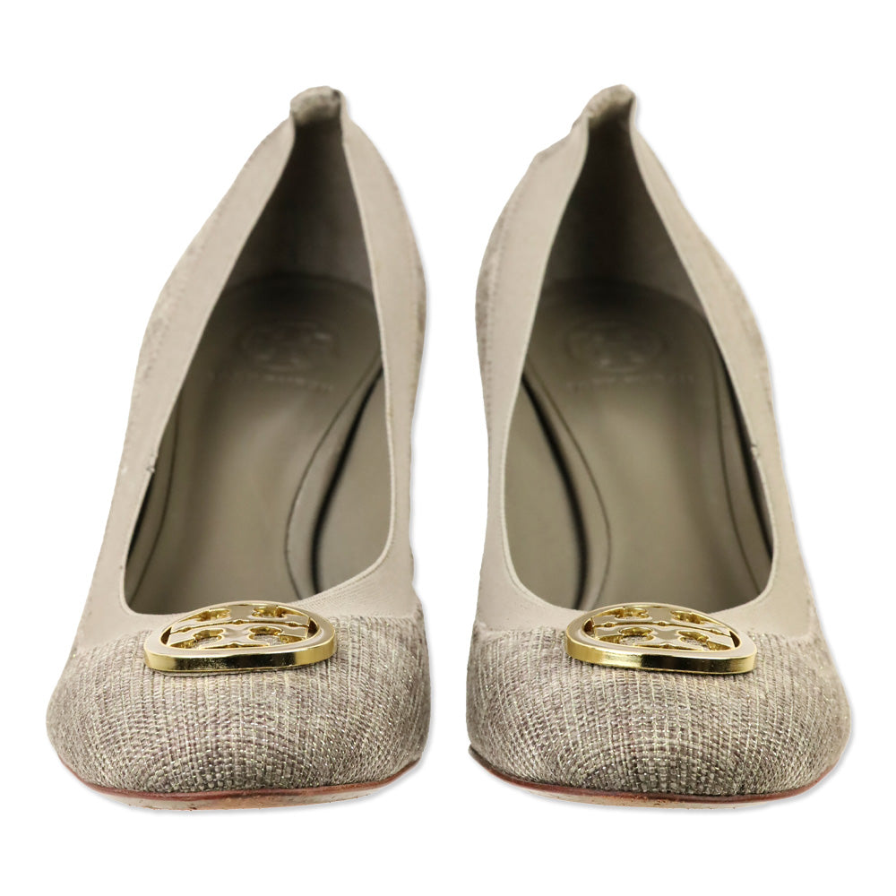 Tory Burch Caroline Taupe/Gold Tweed Elastic Trim Pumps