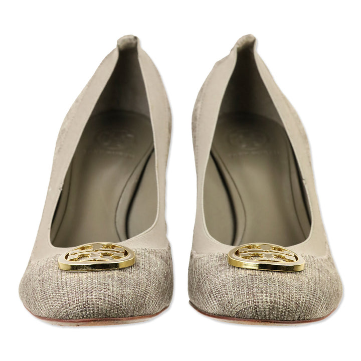 Tory Burch Caroline Taupe/Gold Tweed Elastic Trim Pumps