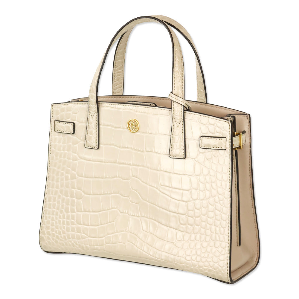 Tory Burch Cream Croc Embossed Leather Small Walker Satchel
