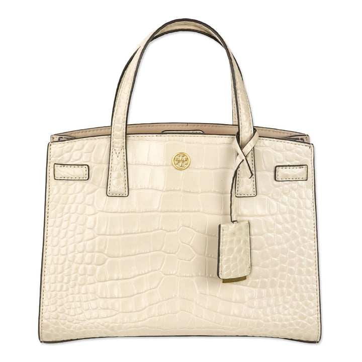 Tory Burch Cream Croc Embossed Leather Small Walker Satchel