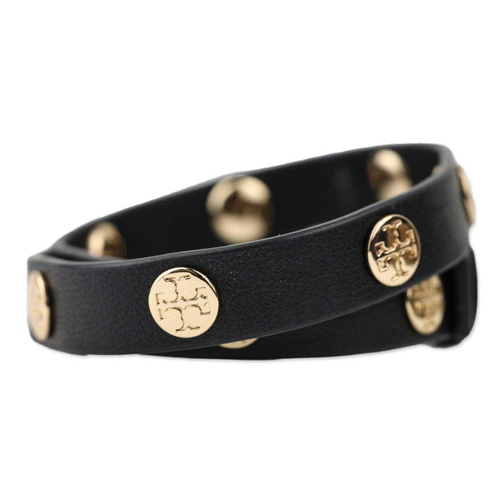 Tory Burch Double Wrap Black Leather Logo Stud Bracelets