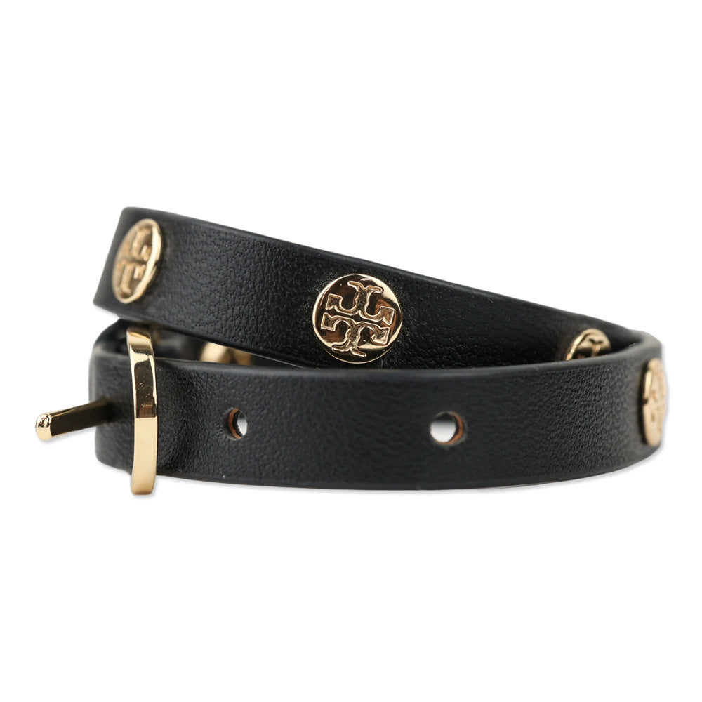 Tory Burch Double Wrap Black Leather Logo Stud Bracelets