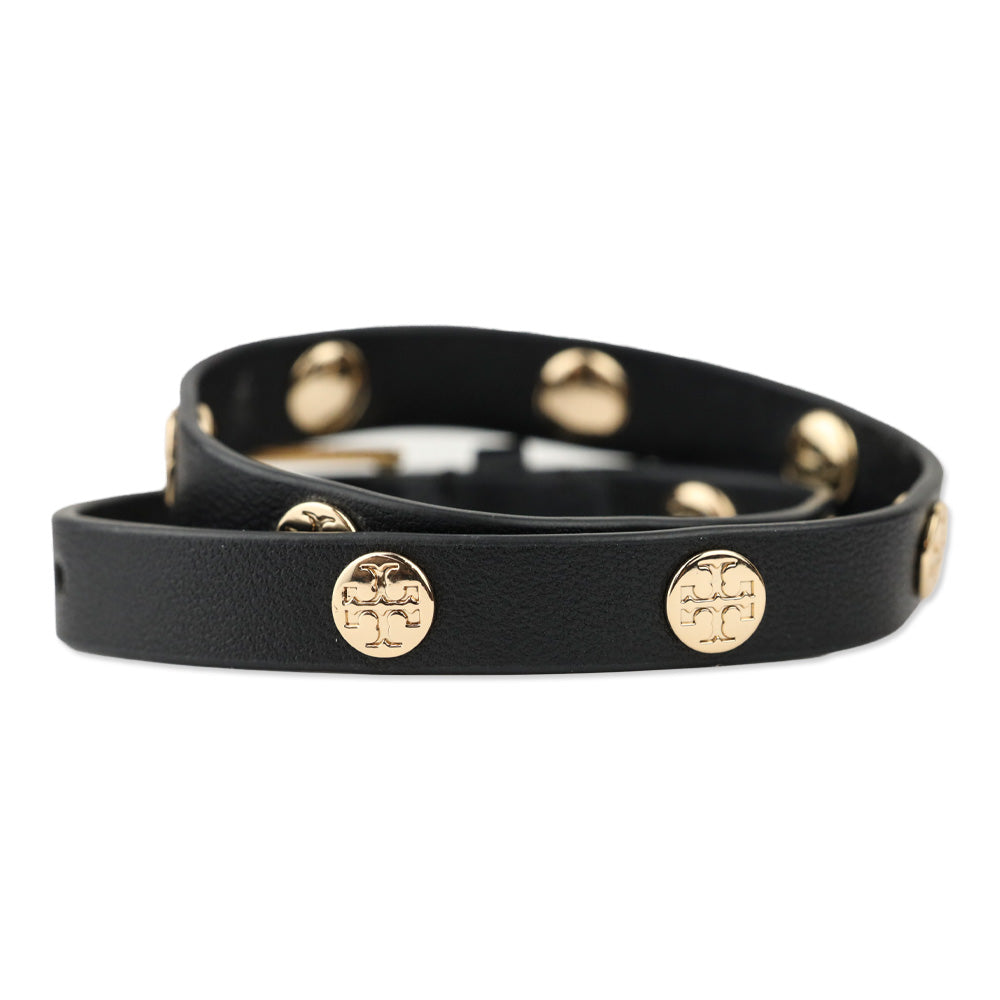 Tory Burch Double Wrap Black Leather Logo Stud Bracelets