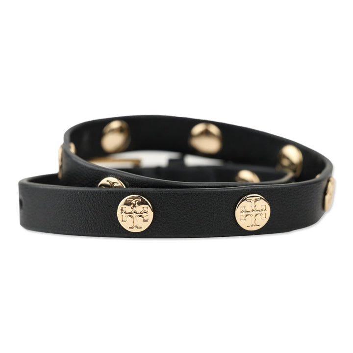 Tory Burch Double Wrap Black Leather Logo Stud Bracelets