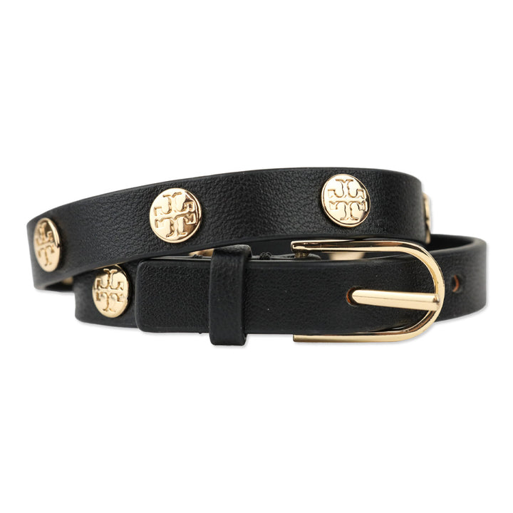Tory Burch Double Wrap Black Leather Logo Stud Bracelets