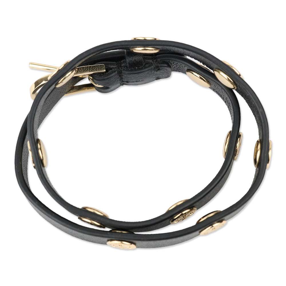 Tory Burch Double Wrap Black Leather Logo Stud Bracelets