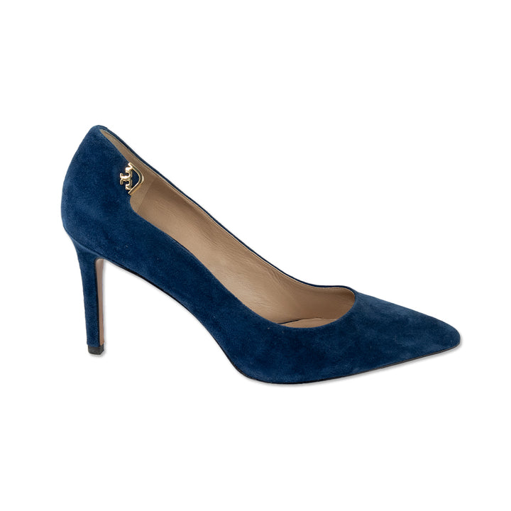 Tory Burch Elizabeth Navy Blue Suede Gold Accent Pumps