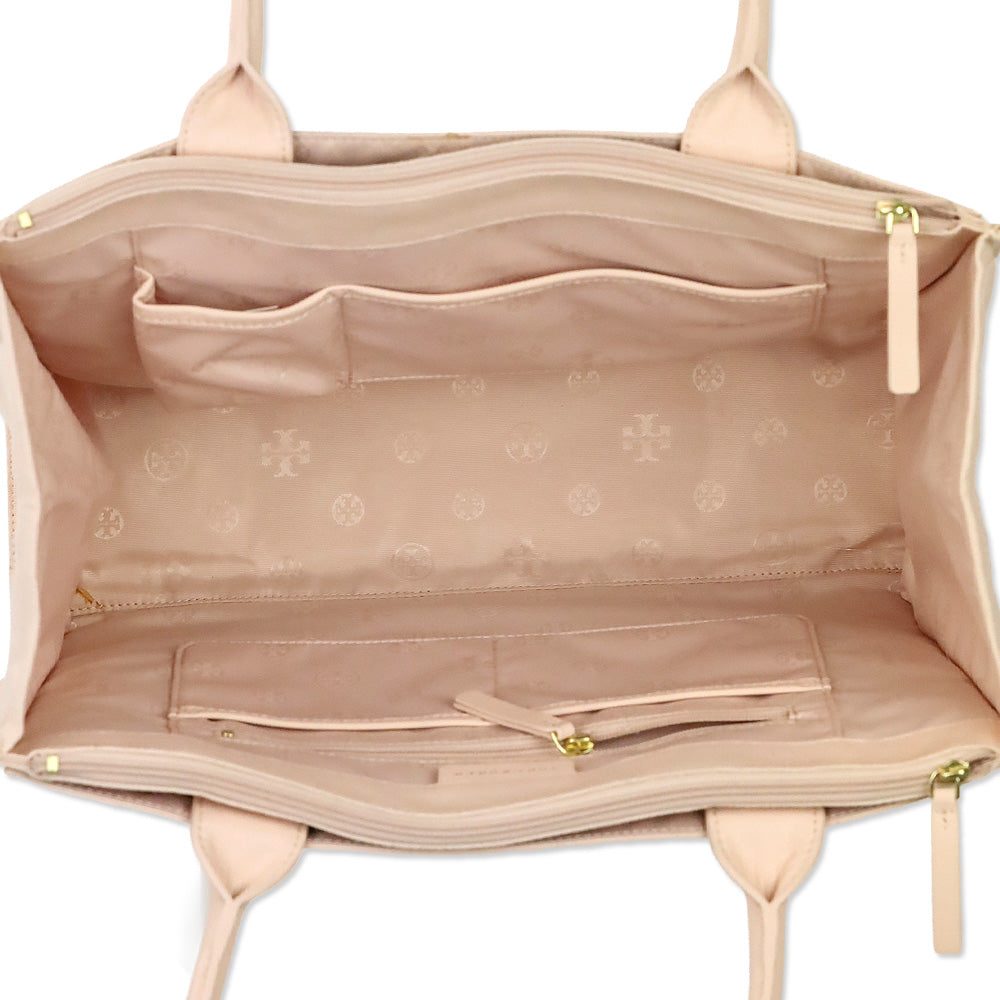 Tory Burch Ella Pink Leather and Canvas Large Tote Bag