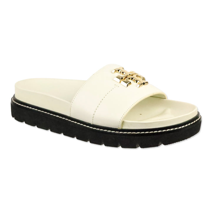 Tory Burch Everly Anatomic Lug White Nappa Leather Slide Sandal