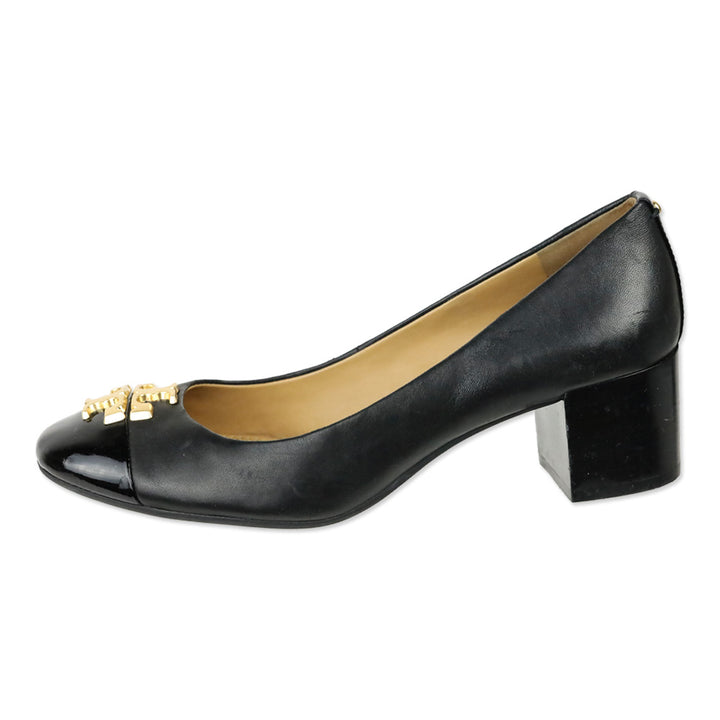 Tory Burch Everly Black Leather 50mm Block Heel Patent Cap Toe Pump