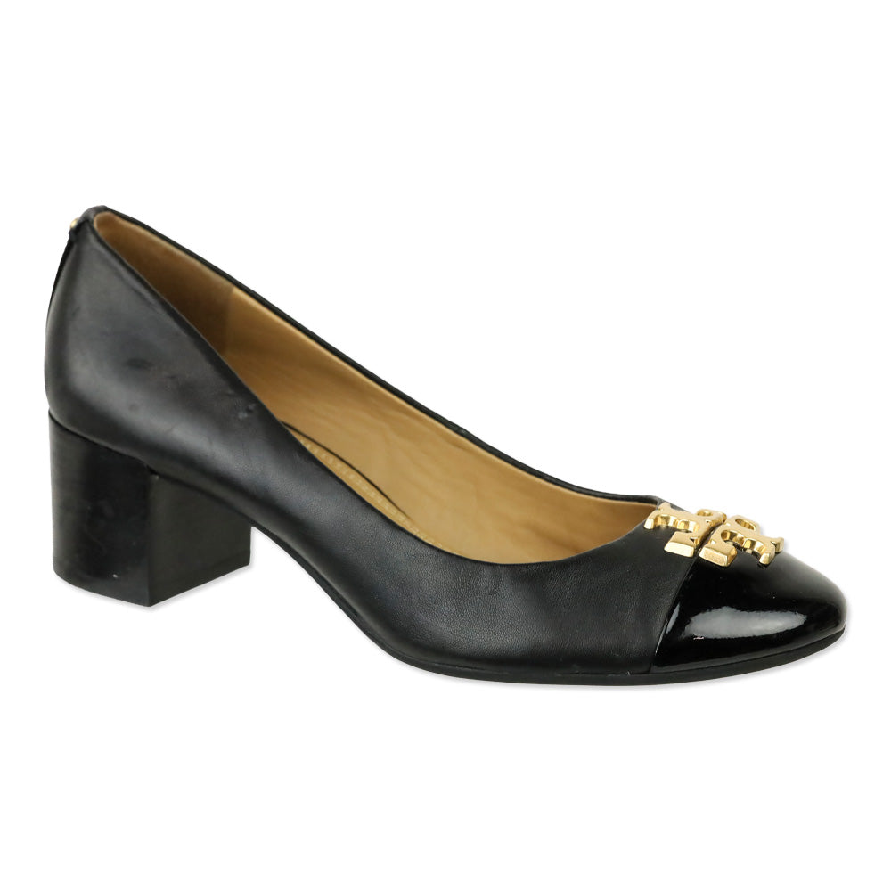 Tory Burch Everly Black Leather 50mm Block Heel Patent Cap Toe Pump