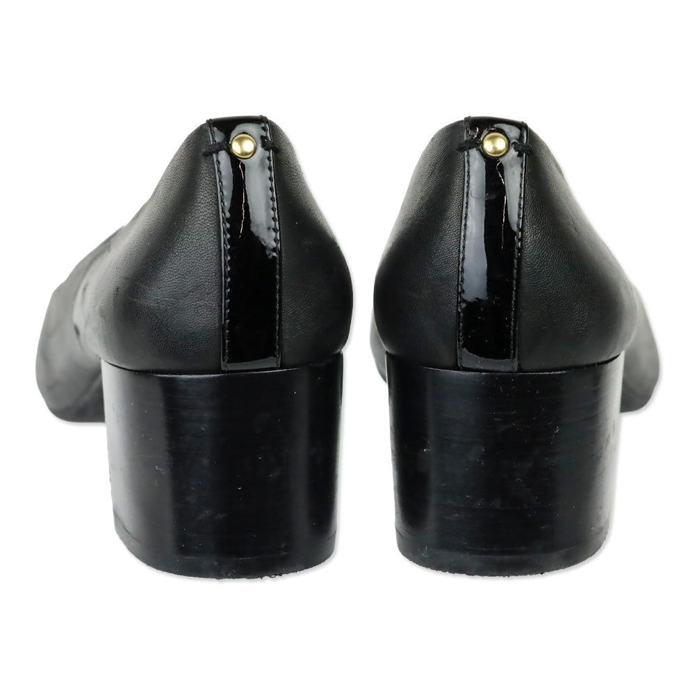 Tory Burch Everly Black Leather 50mm Block Heel Patent Cap Toe Pump