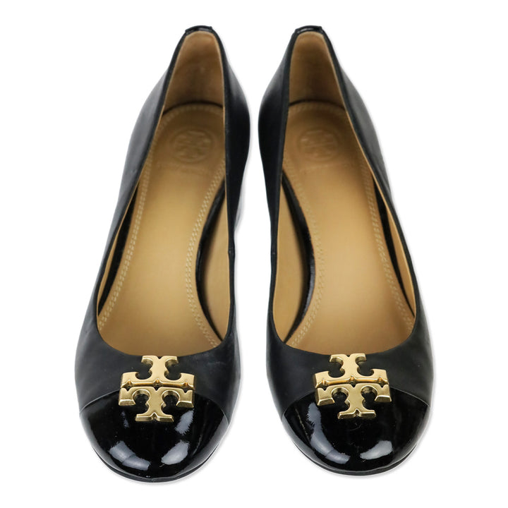 Tory Burch Everly Black Leather 50mm Block Heel Patent Cap Toe Pump