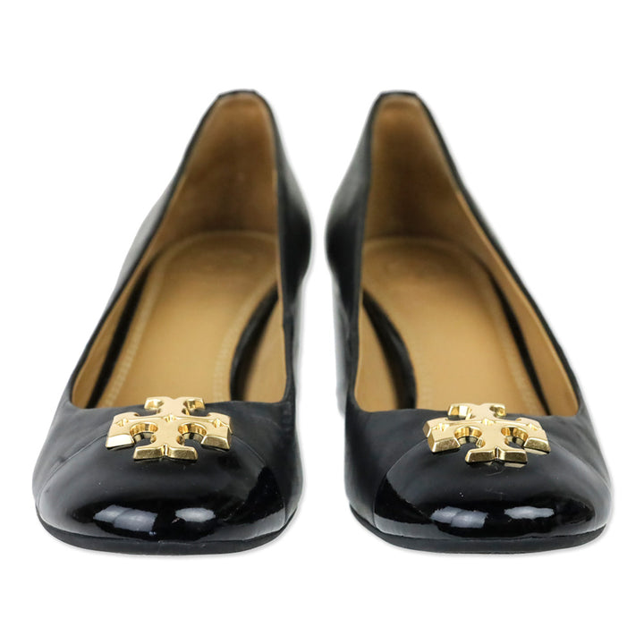 Tory Burch Everly Black Leather 50mm Block Heel Patent Cap Toe Pump