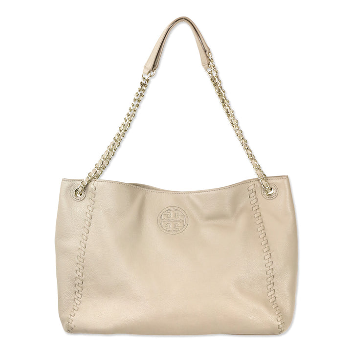 Tory Burch French Gray Whipstich Marion Chain Slouchy Tote
