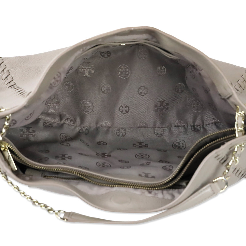 Tory Burch French Gray Whipstich Marion Chain Slouchy Tote