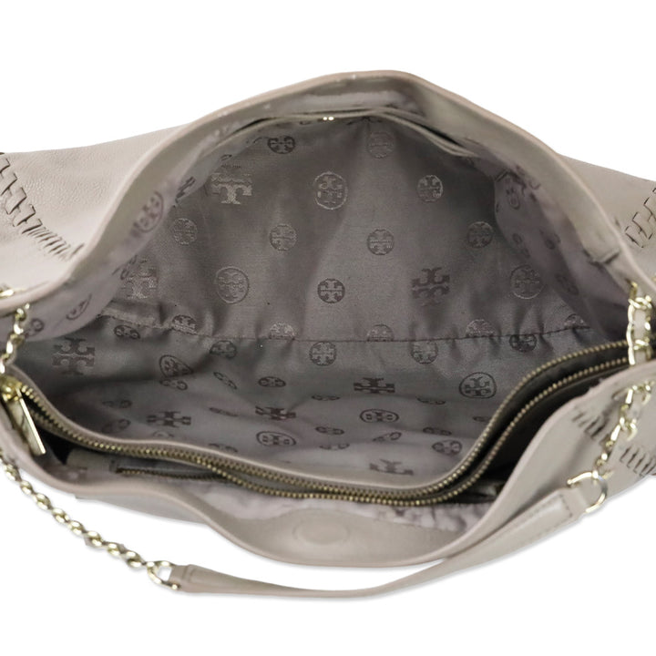 Tory Burch French Gray Whipstich Marion Chain Slouchy Tote