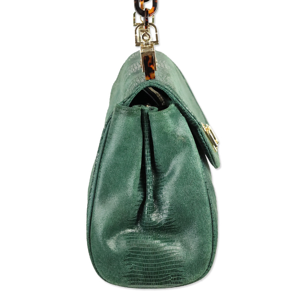 Tory Burch Green Lizard Suede Medium Resin Top Satchel