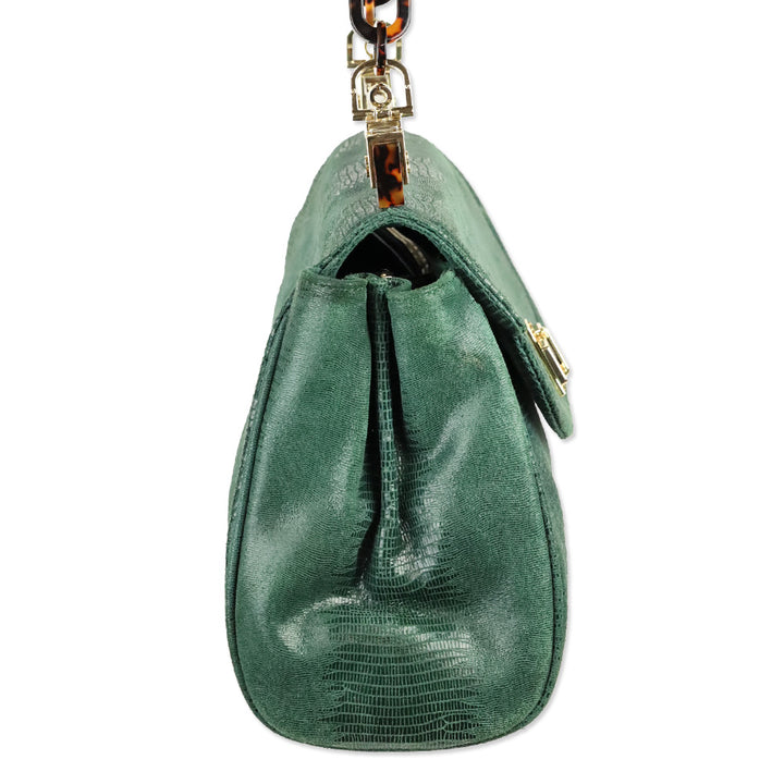 Tory Burch Green Lizard Suede Medium Resin Top Satchel