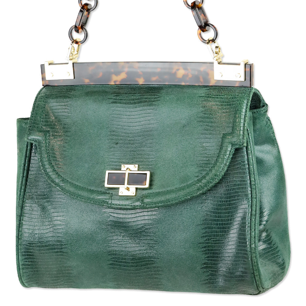 Tory Burch Green Lizard Suede Medium Resin Top Satchel