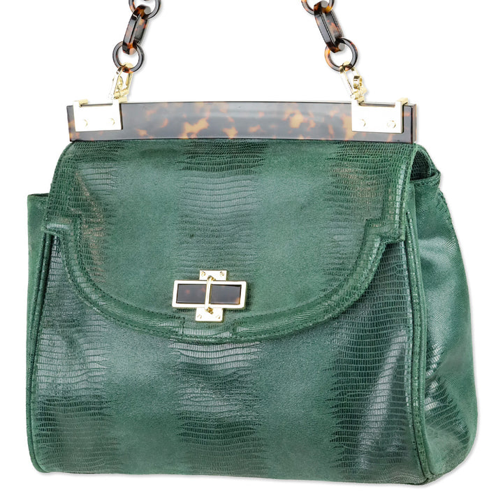Tory Burch Green Lizard Suede Medium Resin Top Satchel