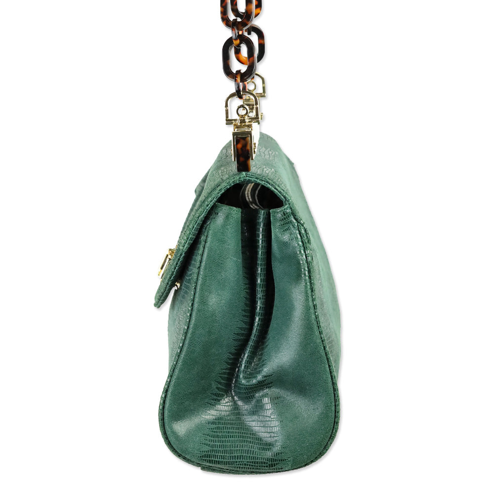 Tory Burch Green Lizard Suede Medium Resin Top Satchel