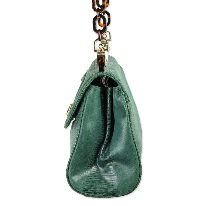 Tory Burch Green Lizard Suede Medium Resin Top Satchel
