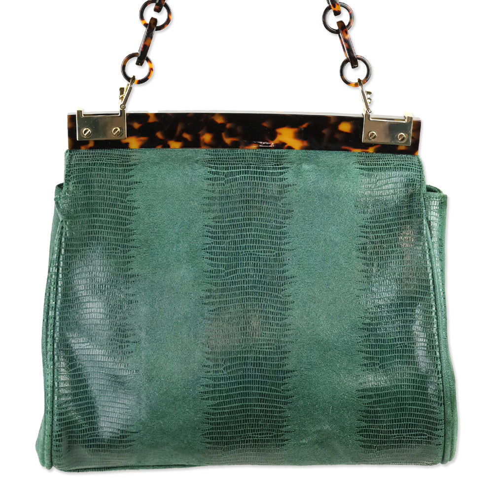 Tory Burch Green Lizard Suede Medium Resin Top Satchel