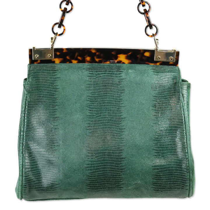 Tory Burch Green Lizard Suede Medium Resin Top Satchel