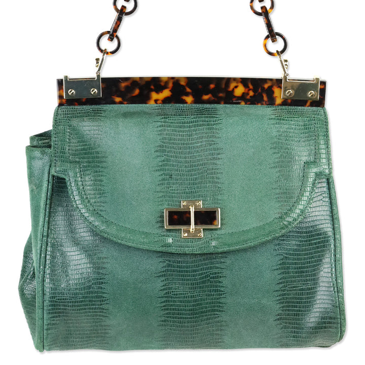 Tory Burch Green Lizard Suede Medium Resin Top Satchel