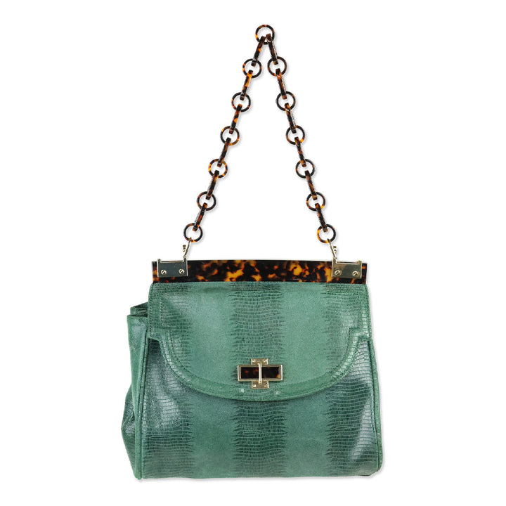 Tory Burch Green Lizard Suede Medium Resin Top Satchel