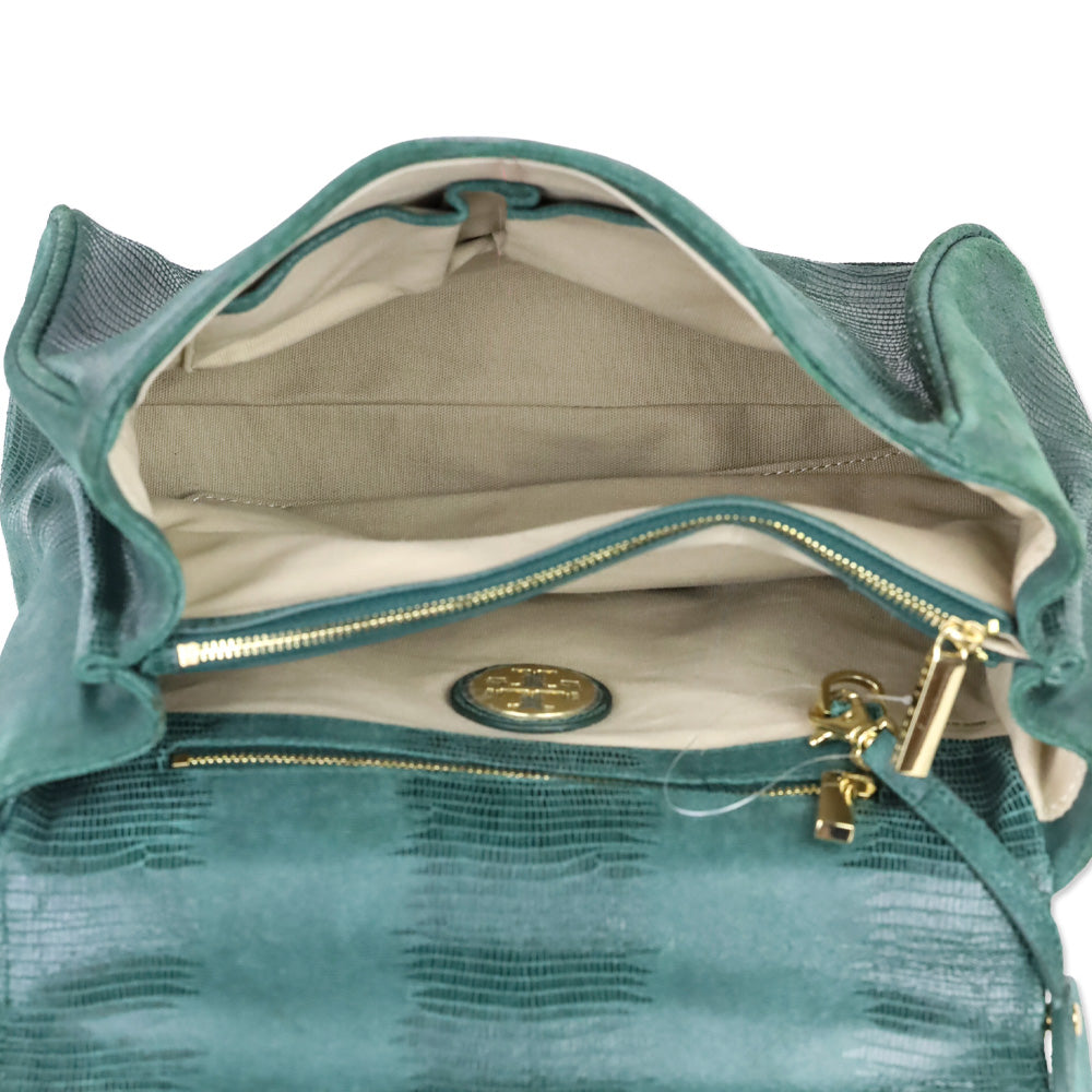 Tory Burch Green Lizard Suede Medium Resin Top Satchel