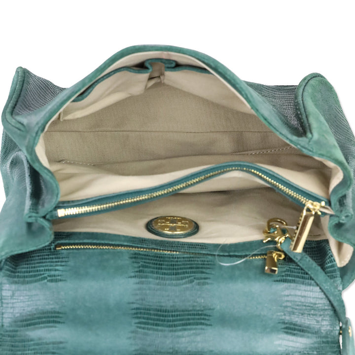 Tory Burch Green Lizard Suede Medium Resin Top Satchel