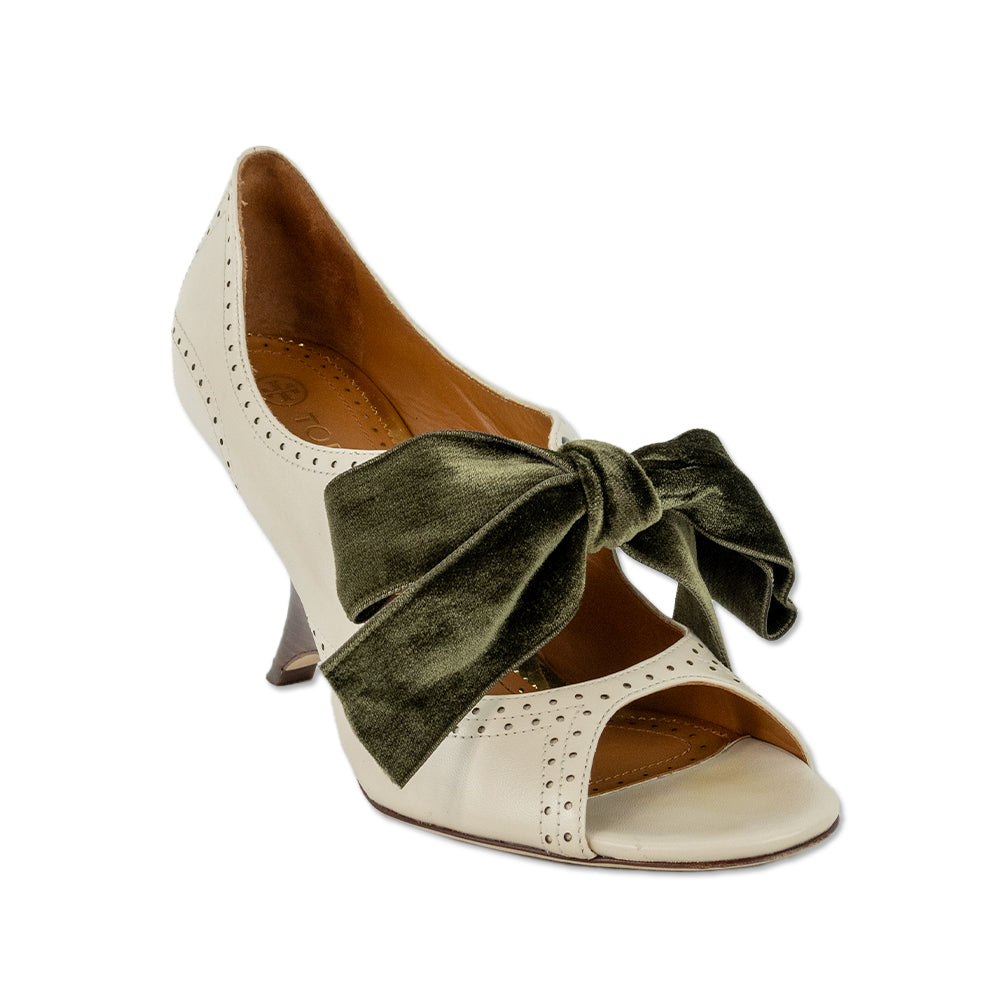 Tory Burch Green Velvet Bow Cream Leather Wedge Pumps