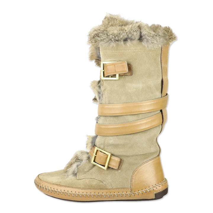 Tory Burch Jaden Rabbit Fur-Lined Tan Leather Suede Boots