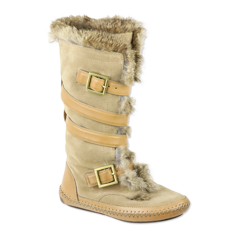 Tory Burch Jaden Rabbit Fur-Lined Tan Leather Suede Boots