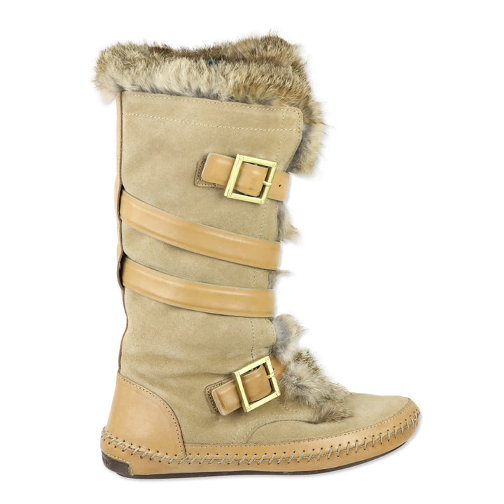 Tory Burch Jaden Rabbit Fur-Lined Tan Leather Suede Boots