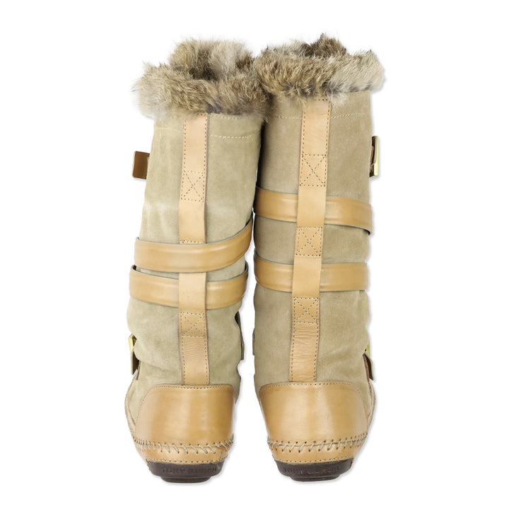 Tory Burch Jaden Rabbit Fur-Lined Tan Leather Suede Boots