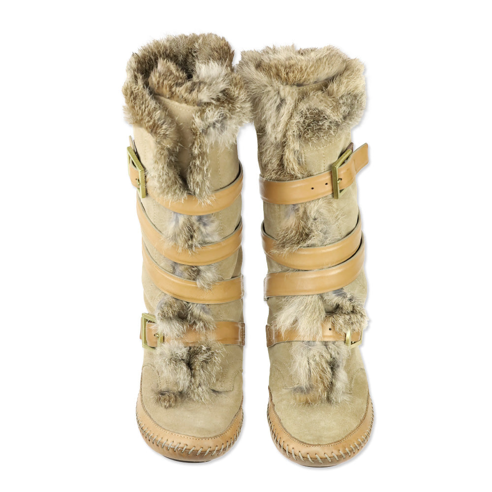 Tory Burch Jaden Rabbit Fur-Lined Tan Leather Suede Boots