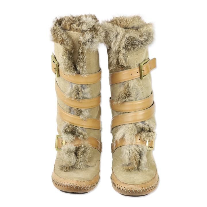 Tory Burch Jaden Rabbit Fur-Lined Tan Leather Suede Boots