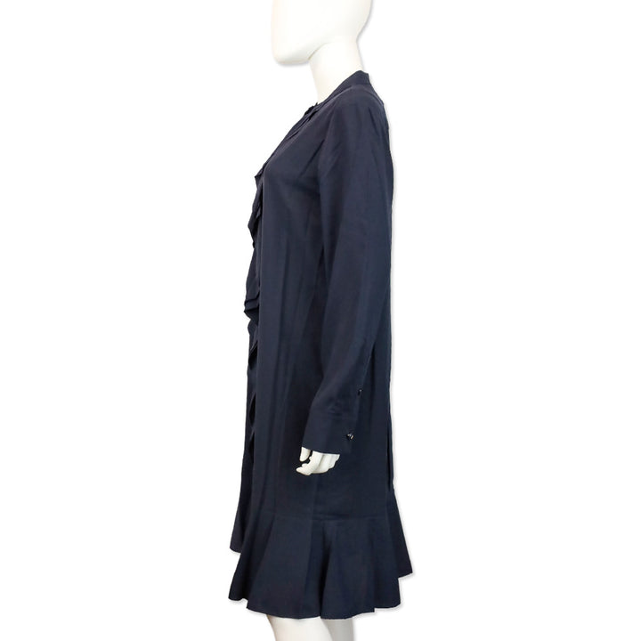 Tory Burch Jane Navy Blue Crepe de Chine Ruffle Shirtdress